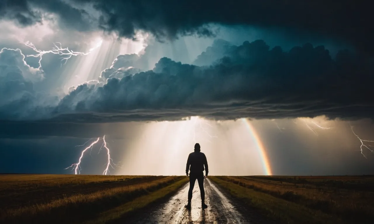 A powerful image of a person standing in a storm, with rays of light breaking through the clouds, symbolizing strength and resilience in the face of adversity.