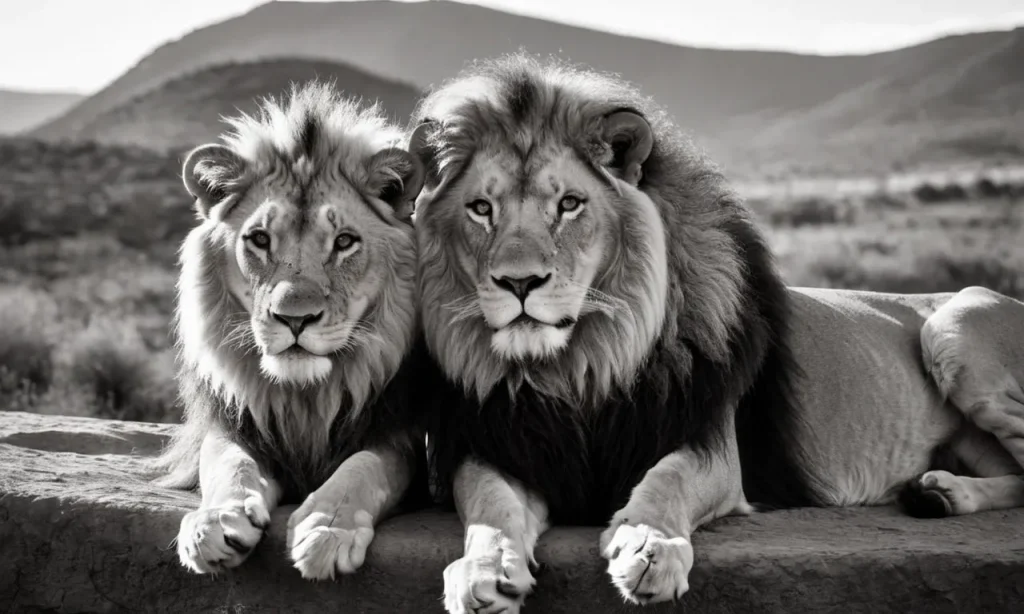 A captivating black and white photograph showcasing a serene moment where a regal lion and gentle lamb peacefully rest side by side, embodying the biblical prophecy.
