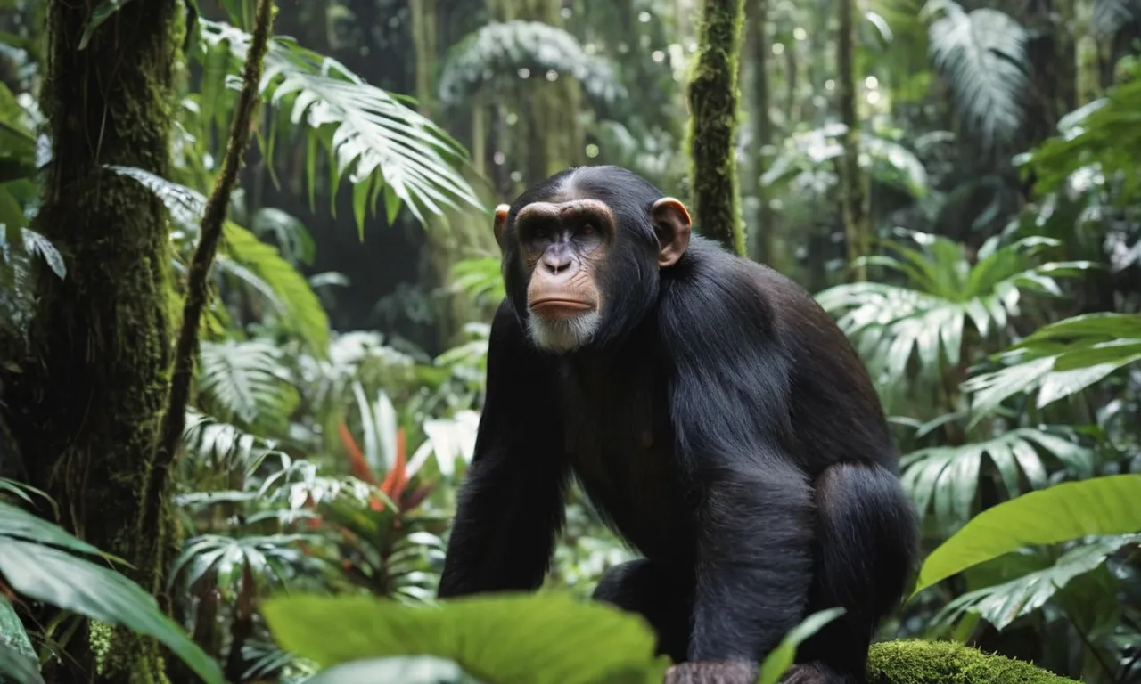 A captivating photo of lush, dense rainforest serves as the backdrop for "Chimp Empire," showcasing the natural beauty and mystery of the filming location.