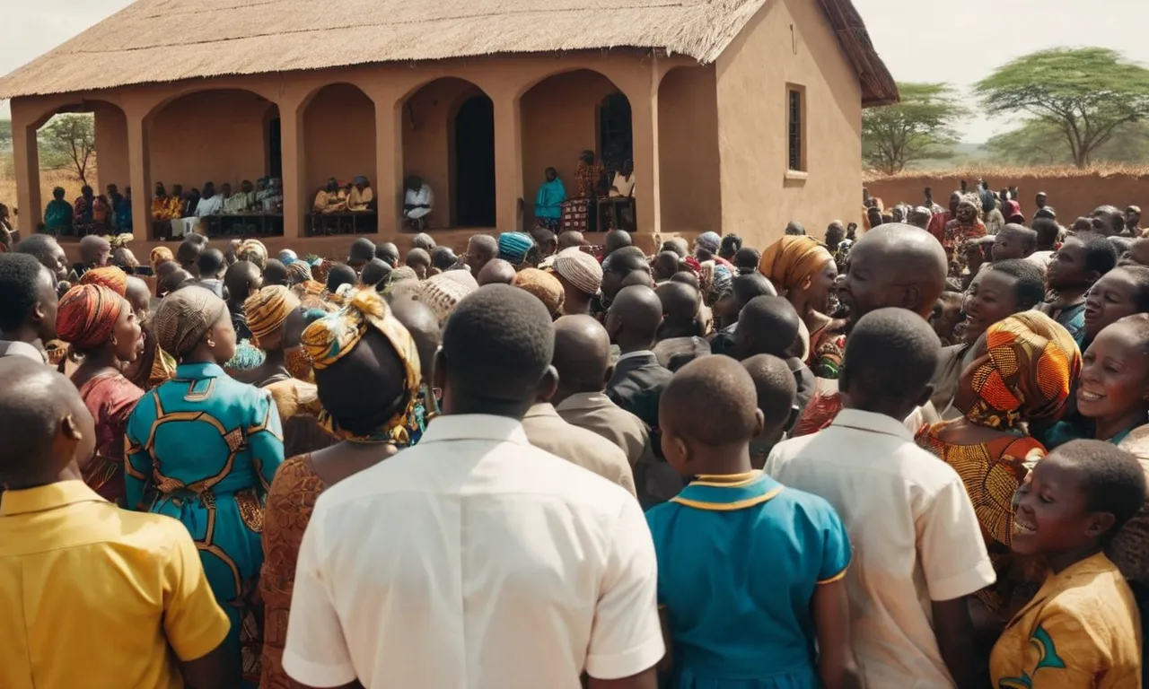 A photo of a bustling African village church, filled with passionate worshippers, symbolizing the rapid growth of Christianity in Africa by 2024.