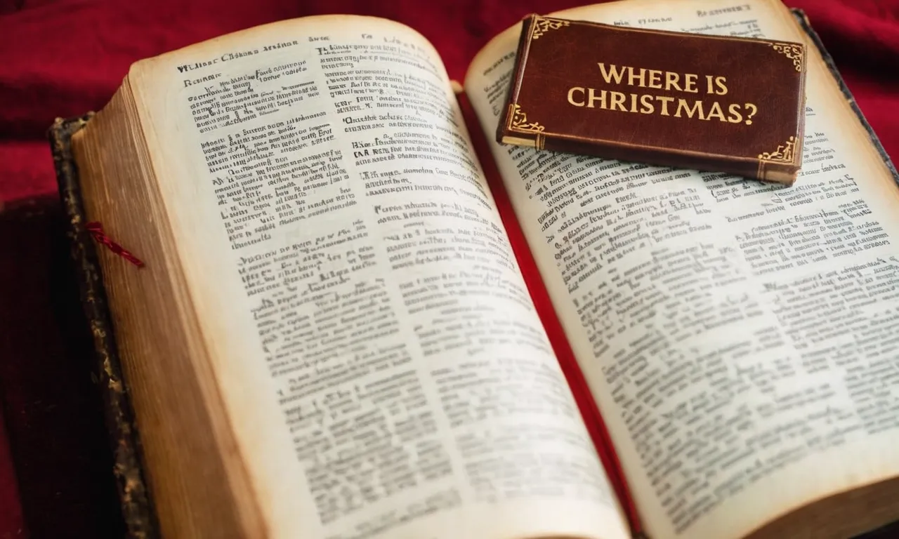 A close-up photograph capturing a well-worn Bible, open to a page with the words "Where is Christmas?" highlighted, symbolizing the quest for the true meaning of Christmas within religious scripture.