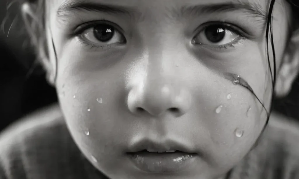 A black and white close-up of a tear-streaked child's face, capturing the raw pain and confusion, questioning the presence of God amidst their suffering.