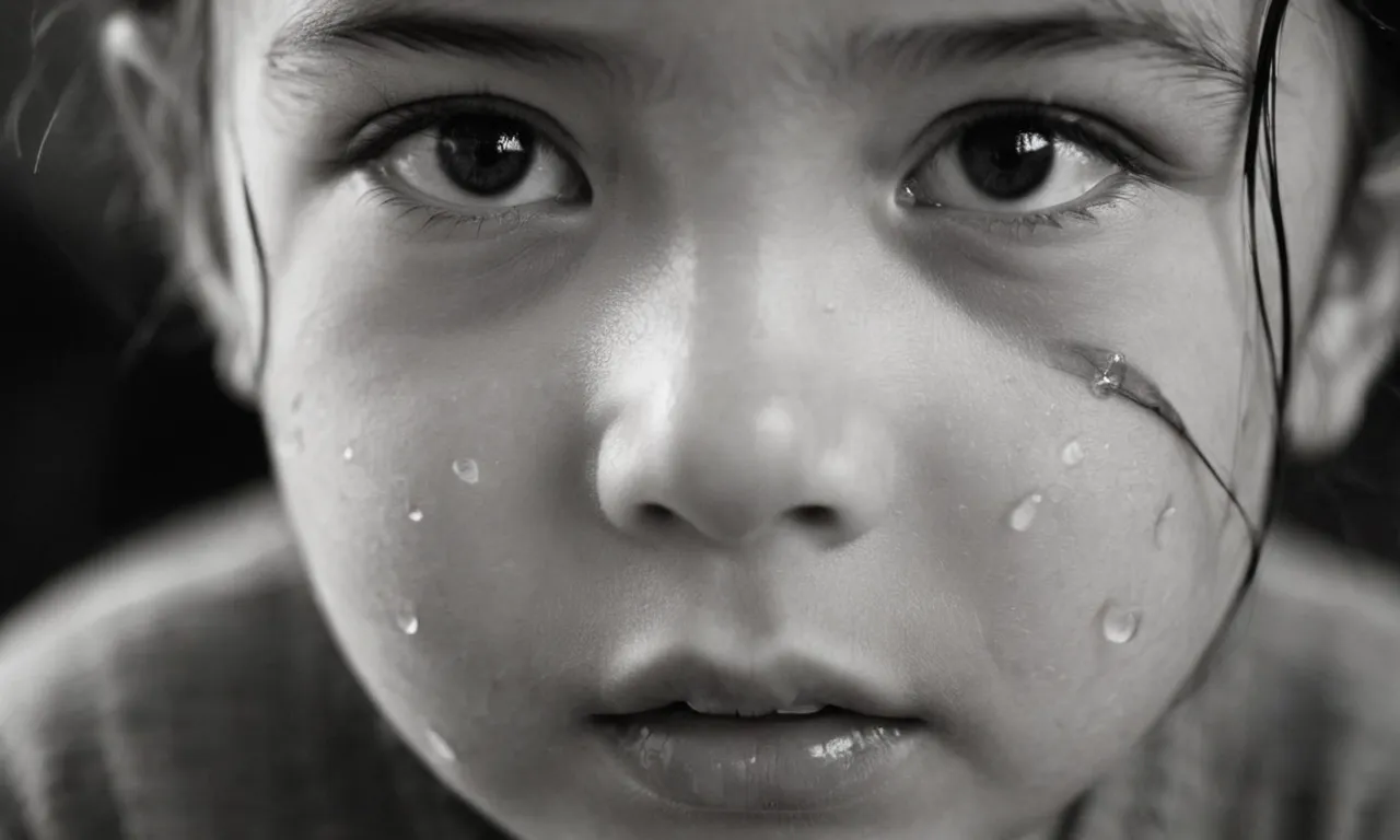 A black and white close-up of a tear-streaked child's face, capturing the raw pain and confusion, questioning the presence of God amidst their suffering.