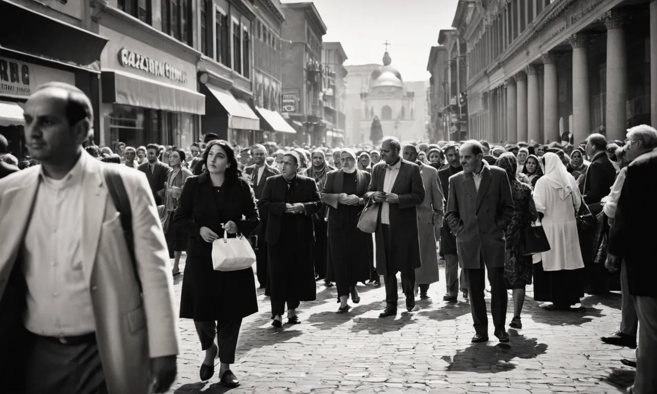 A black and white photograph captures a crowded city street, where people of various faiths and backgrounds are seen searching for answers, their gazes directed towards the sky, questioning, "Where is Jesus?"