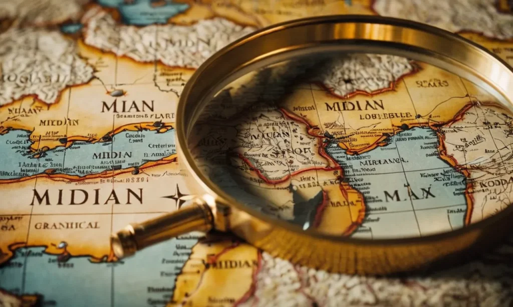 A close-up shot of an ancient map depicting biblical locations, with a magnifying glass highlighting the precise spot of Midian.