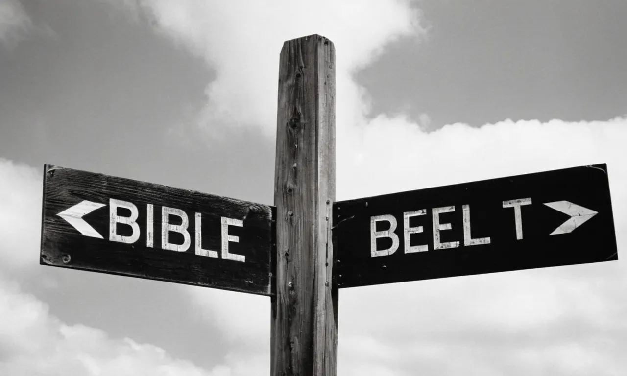 A black and white photograph showcasing a worn, weathered wooden signpost, adorned with faded letters pointing in various directions, one of which reads "Bible Belt."
