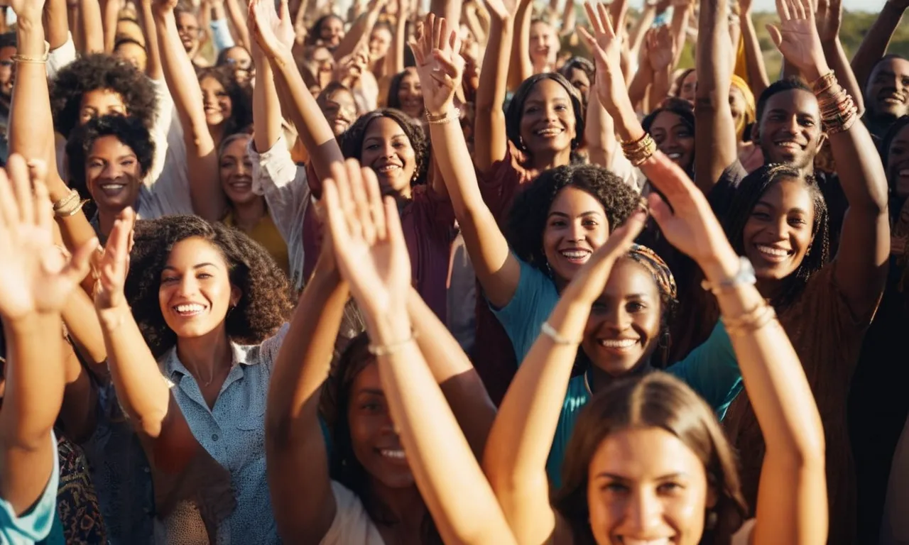 A vibrant photograph capturing a diverse group of people with their hands raised in unity, basking in the warm glow of sunlight, symbolizing the blessings that come when people join together harmoniously.