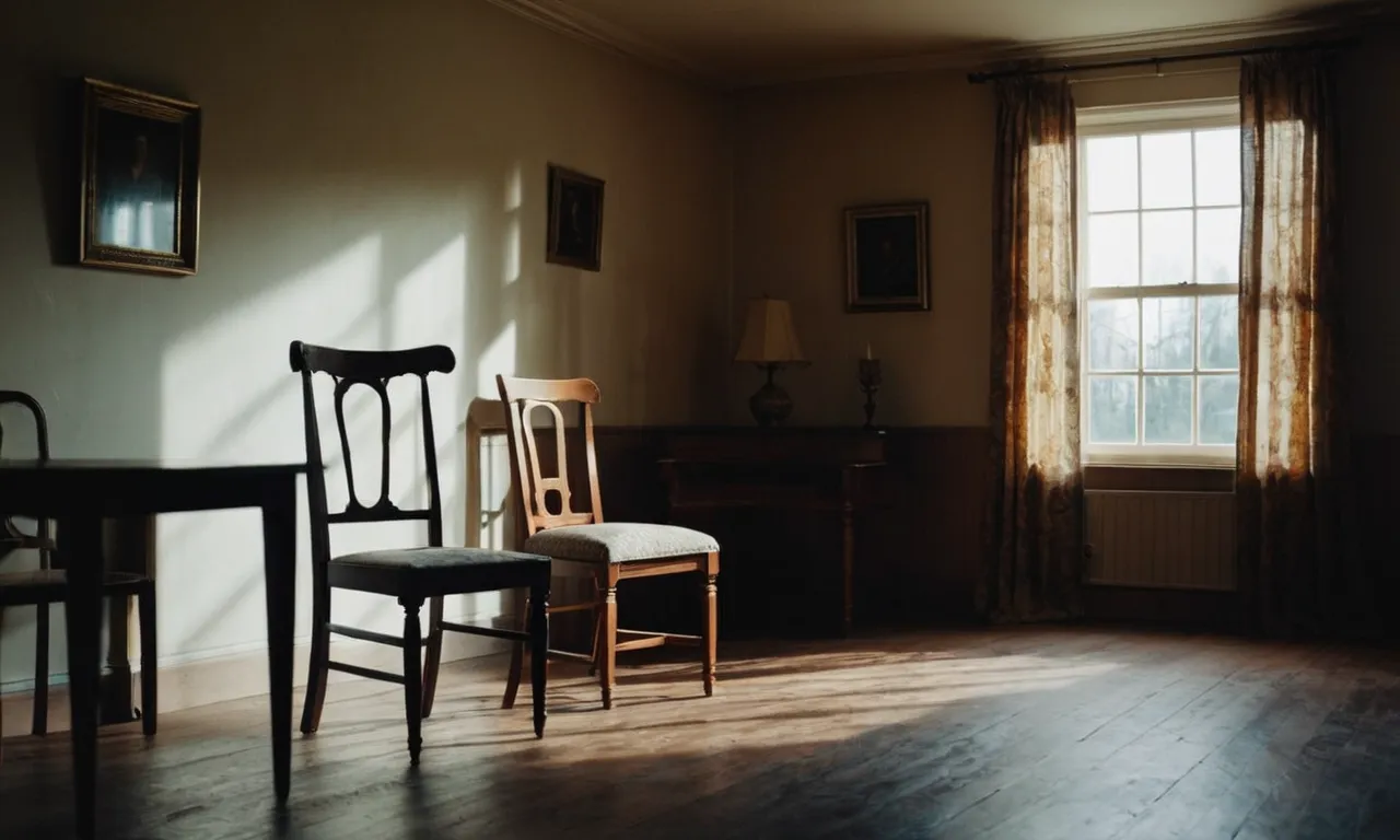 A desolate, dimly-lit room with a lone chair, casting haunting shadows. The absence of light represents the question, "Where was God?" in the midst of unspeakable abuse.