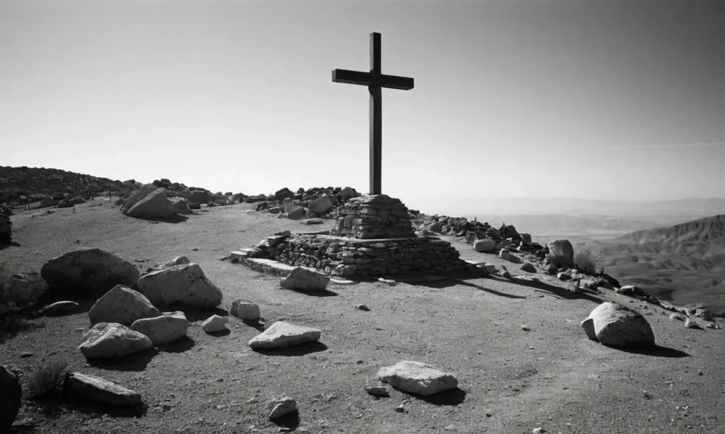 A haunting black and white image captures the barren landscape of Mount Moriah, where Jesus was crucified, revealing the weight of history and the solemnity of the place.
