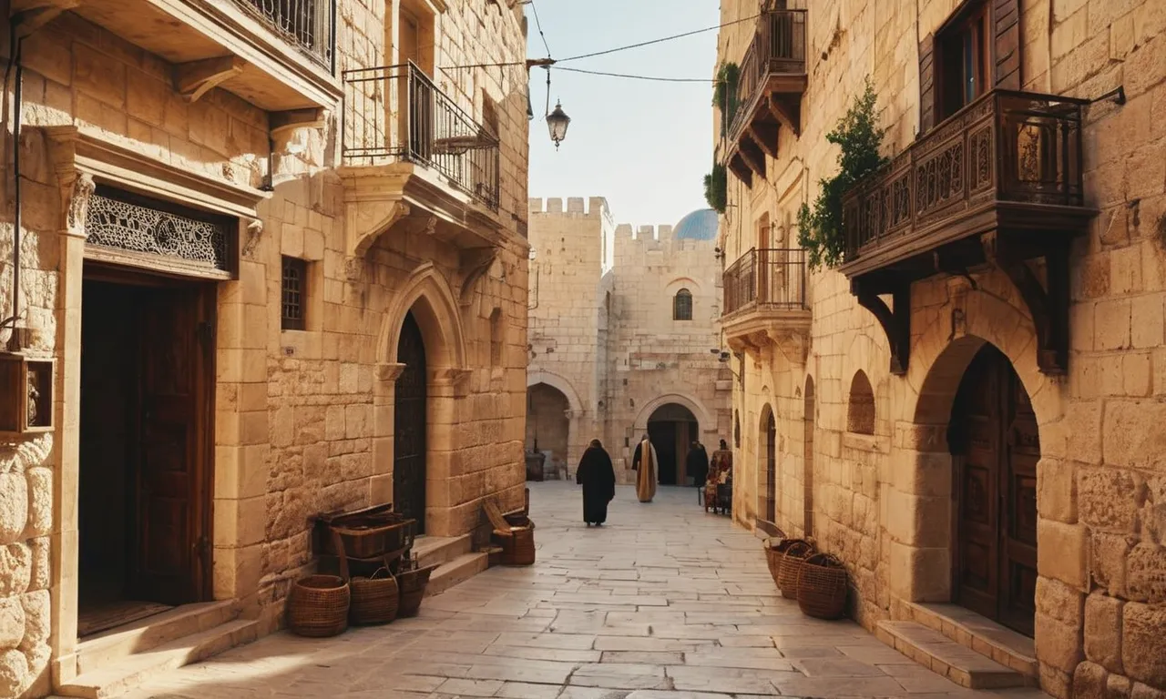 A breathtaking photo captures the ancient streets of Jerusalem, bathed in golden sunlight, where Jesus of Nazareth is believed to have been filmed, evoking a sense of sacred history and spirituality.