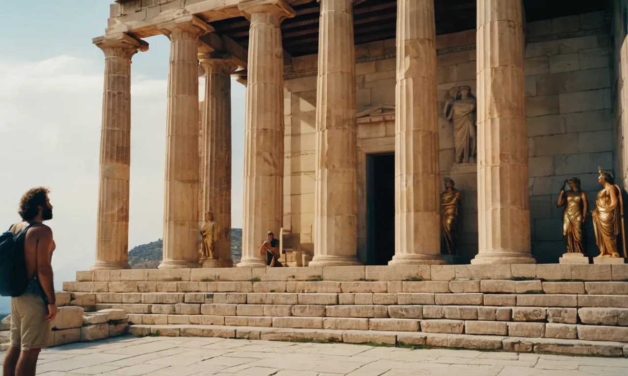 A photograph capturing Odysseus, weary and lost, standing before an ancient Greek temple, contemplating the statues of various gods, seeking guidance and pondering which deity will be most helpful on his journey.