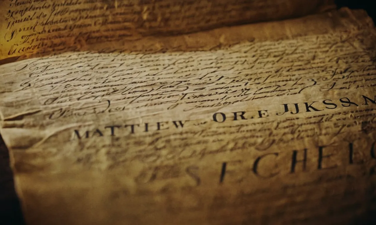 A close-up shot of ancient parchment with faded ink, revealing the names of Matthew, Mark, Luke, and John, symbolizing the gospel writers who witnessed the ministry of Jesus.