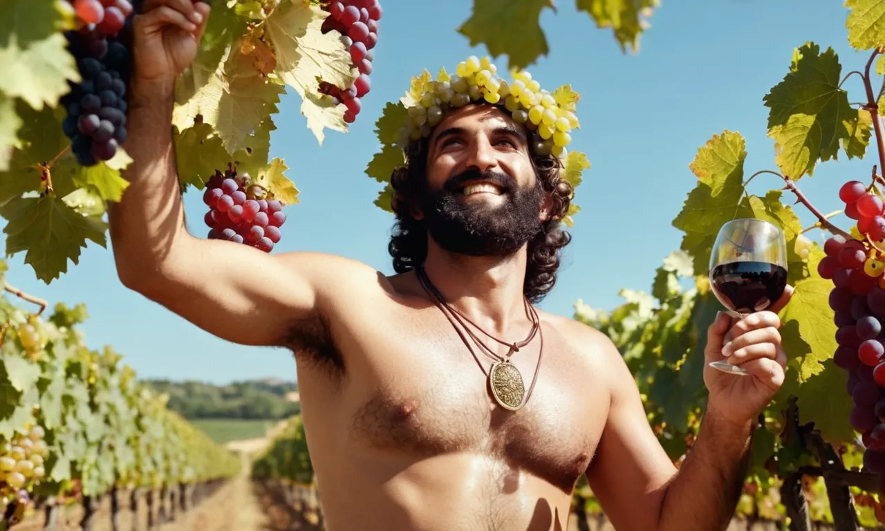 A vibrant image capturing Dionysus, the Greek god of harvest and wine, amidst a sun-kissed vineyard. His jubilant presence radiates through the lush, bountiful grapevines, symbolizing abundance and celebration.