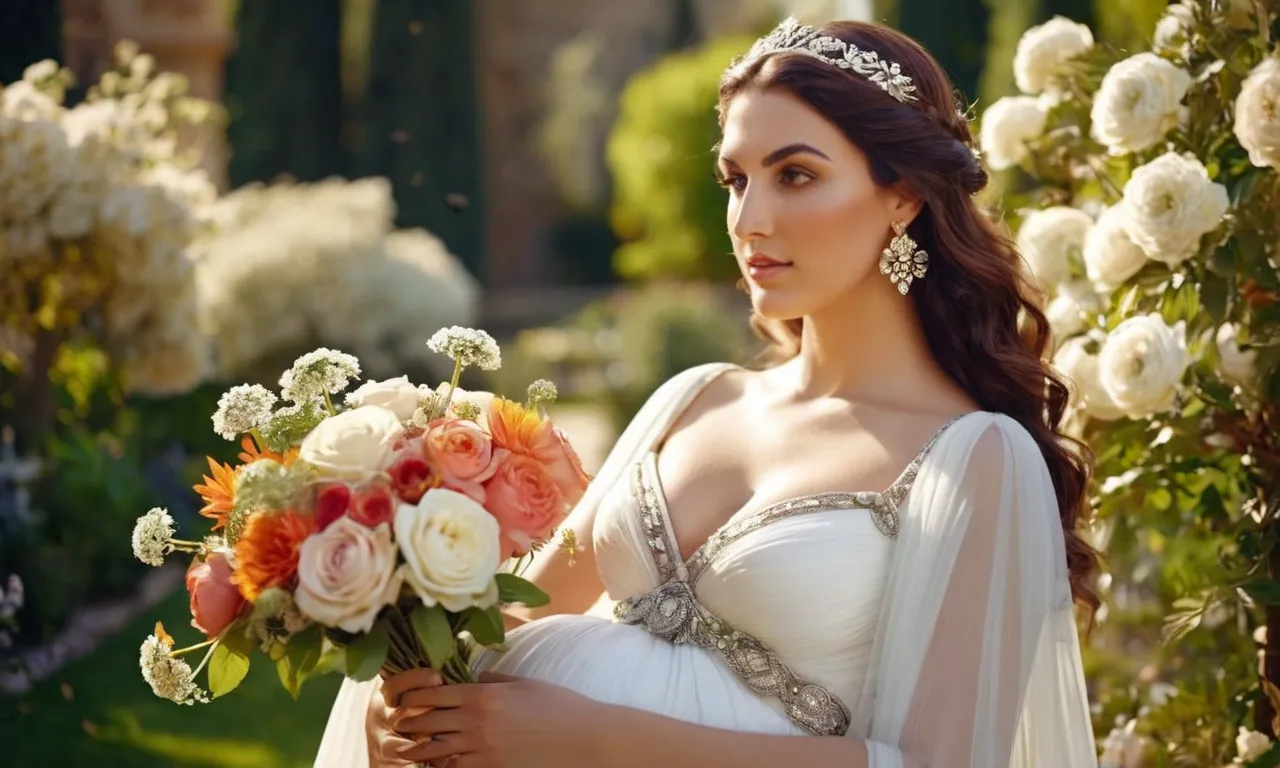 A captivating portrait capturing the essence of Aphrodite, the Greek goddess of marriage and childbirth, radiating beauty and love as she holds a blooming bouquet in a sunlit garden.