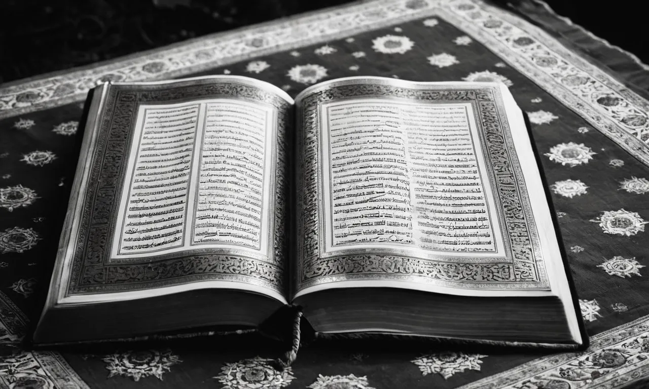 A black and white close-up photo of an ancient Quran and Bible side by side, their weathered pages and worn covers telling tales of wisdom passed down through generations.