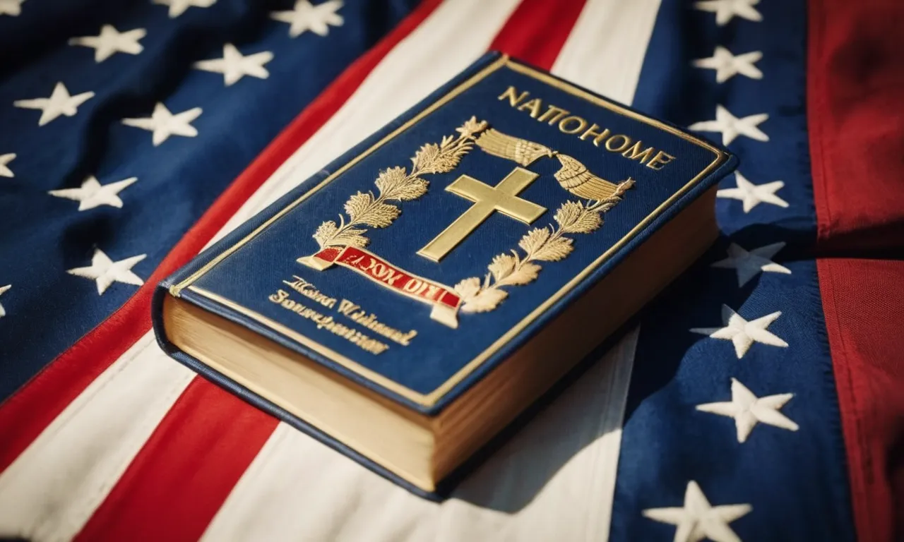 A close-up photo capturing the intricate details of a national flag featuring a prominent Bible, symbolizing the uniqueness of the country as the only one to incorporate this religious symbol into their flag design.