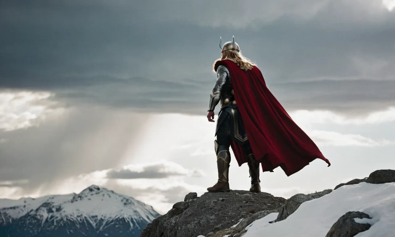 A captivating photo captures a lone figure, cloaked in armor, standing atop a snow-covered mountain peak, flanked by thunderous clouds, embodying the spirit of Thor, the mighty Norse God of Thunder.