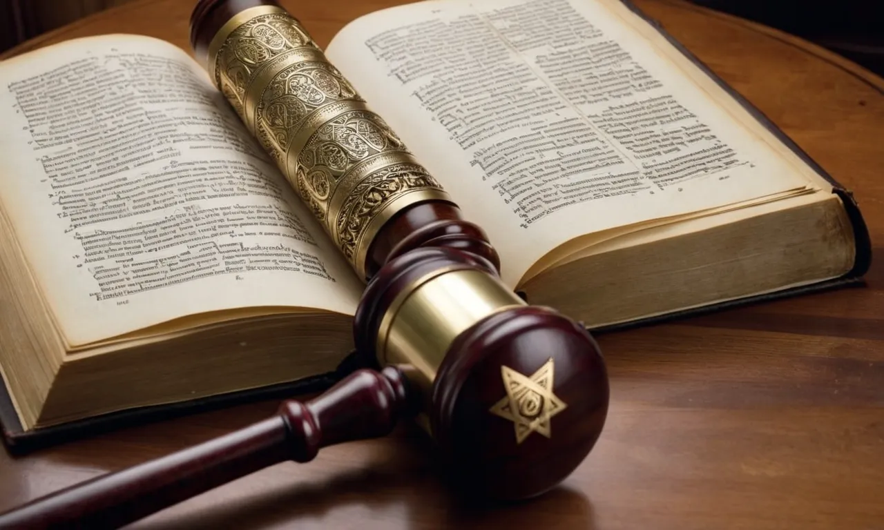 A photo of a Torah scroll placed on a desk, alongside a gavel, symbolizing the emphasis of Judaism on upholding responsibility under the rule of law.