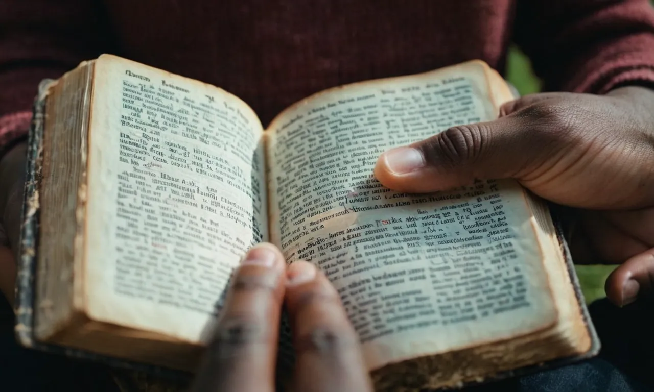 A close-up photo of a person holding a worn-out Bible, their hands gently cradling the pages filled with highlighted verses, reflecting a deep sense of self-discovery and spiritual connection.