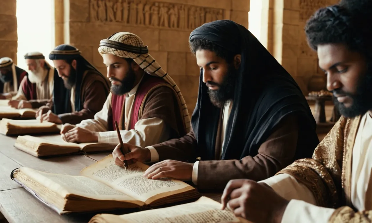 A photo capturing a group of people studying ancient scrolls, symbolizing the Israelites in the Bible, would convey their search for knowledge and connection to their religious heritage.