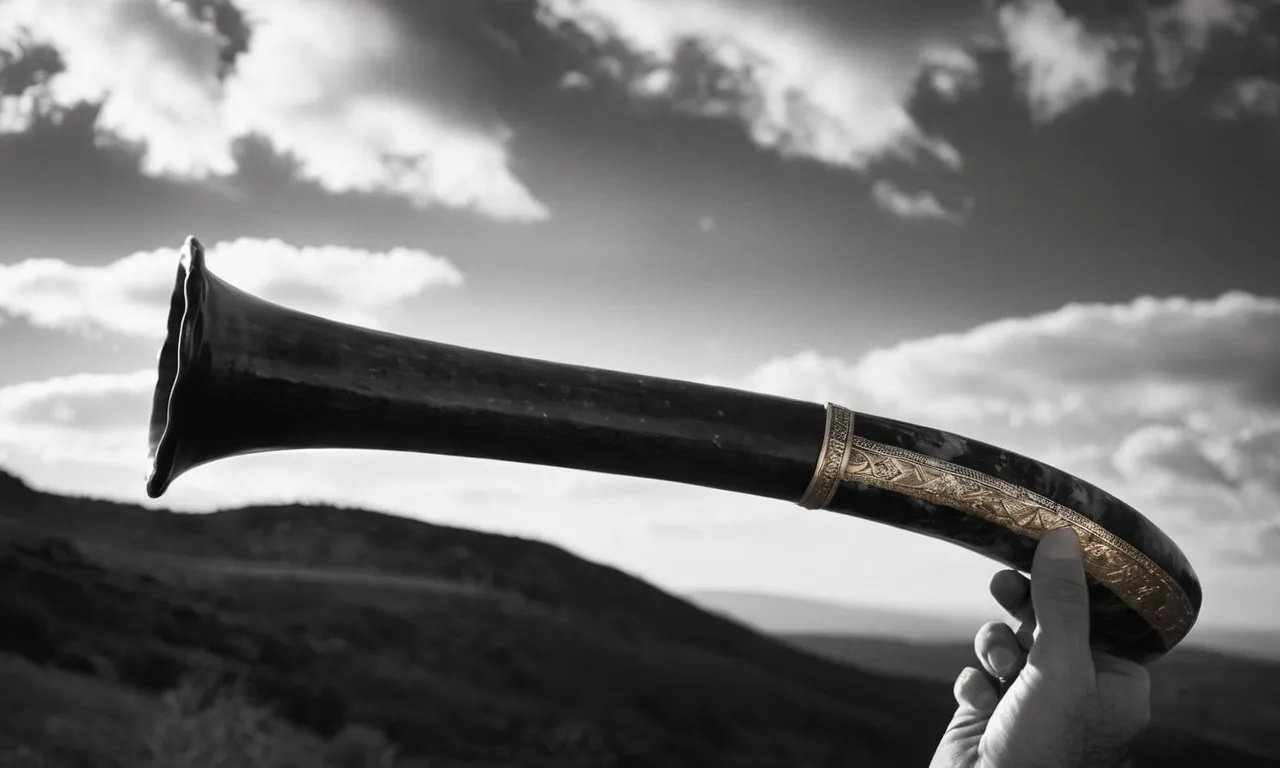 A captivating black and white image showcasing a focused hand holding a beautifully crafted shofar, emanating a sense of reverence and ancient tradition.