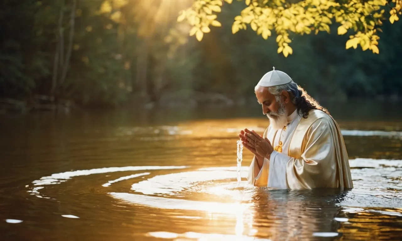 A photo capturing a serene river scene, bathed in golden sunlight, showing a religious figure resolutely performing a baptism, symbolizing spiritual rebirth according to biblical teachings.