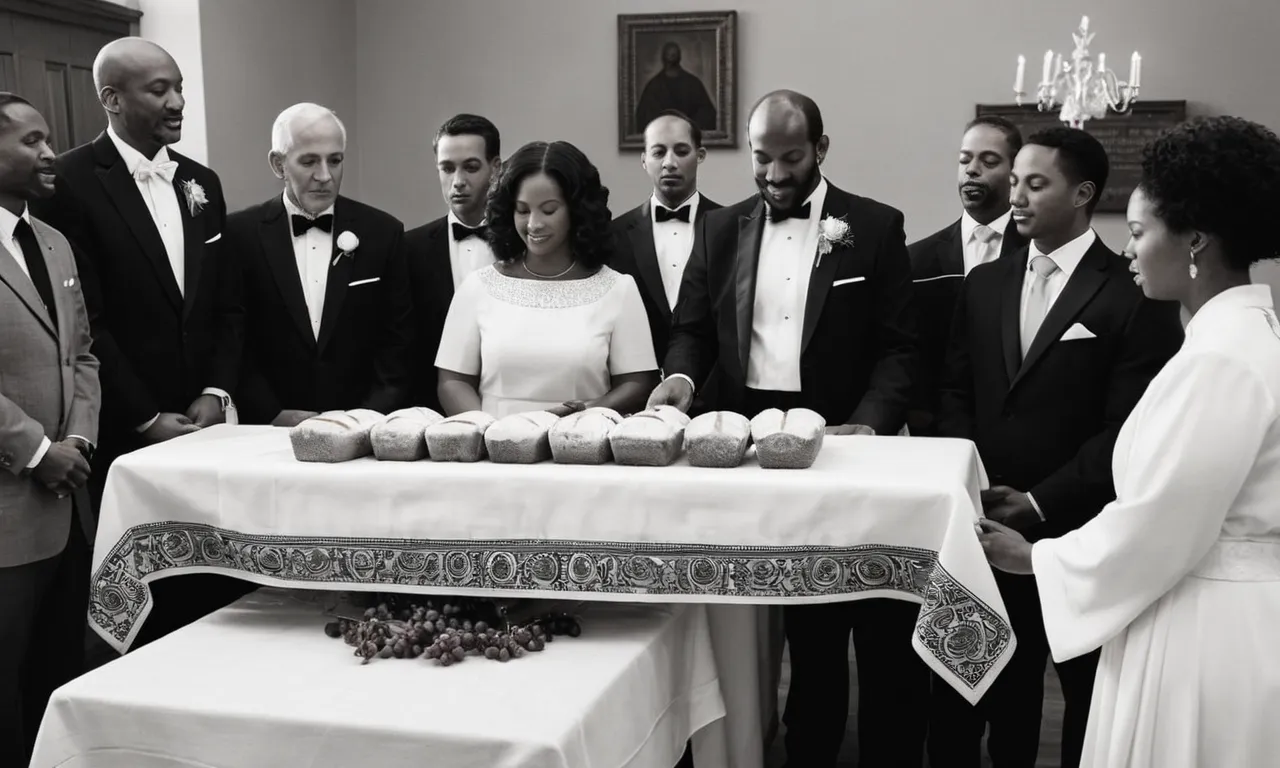 A black and white photograph showcasing a diverse group of people gathered around a communion table, their hands extended to receive the bread and wine, symbolizing inclusivity and unity.
