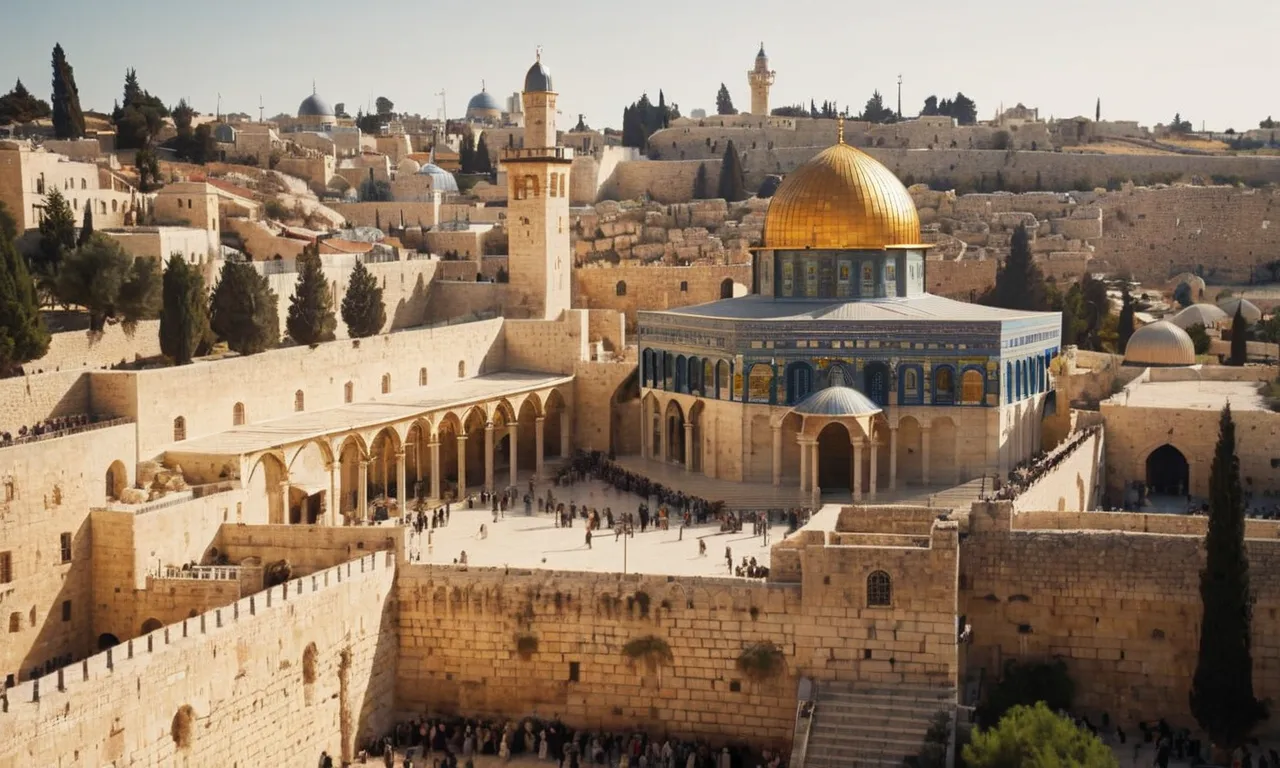 A photo capturing the ancient ruins of Jerusalem, bathed in golden sunlight, evoking the historical backdrop where Christianity began to take shape.