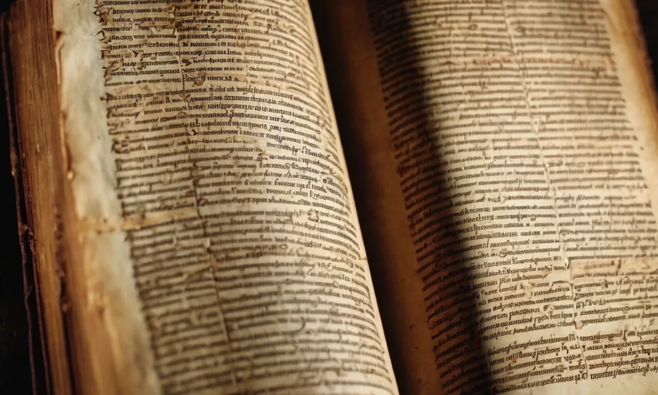 A close-up shot of an ancient manuscript, its weathered pages revealing faded text, symbolizing the search for answers about the enigmatic origins of Jesus.