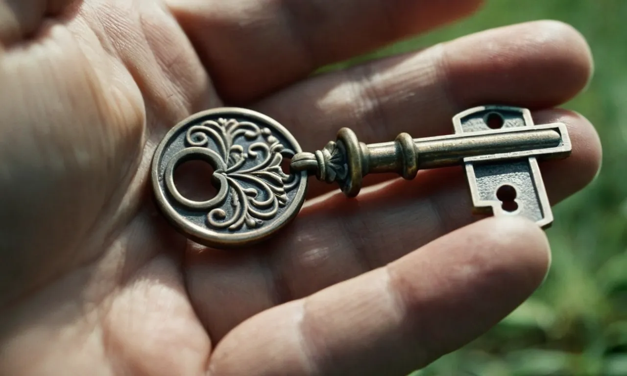 A close-up shot of a weathered hand, holding a tarnished key, symbolizing the mystery and power bestowed by God upon the chosen recipient of the Key of David.