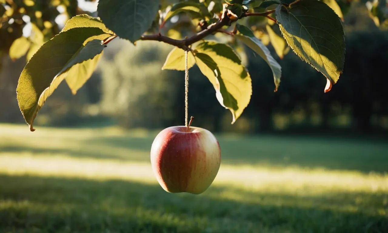 A captivating photo of a single, untouched apple suspended in mid-air, bathed in a soft heavenly light, symbolizing the forbidden fruit that God warned Adam and Eve not to eat.