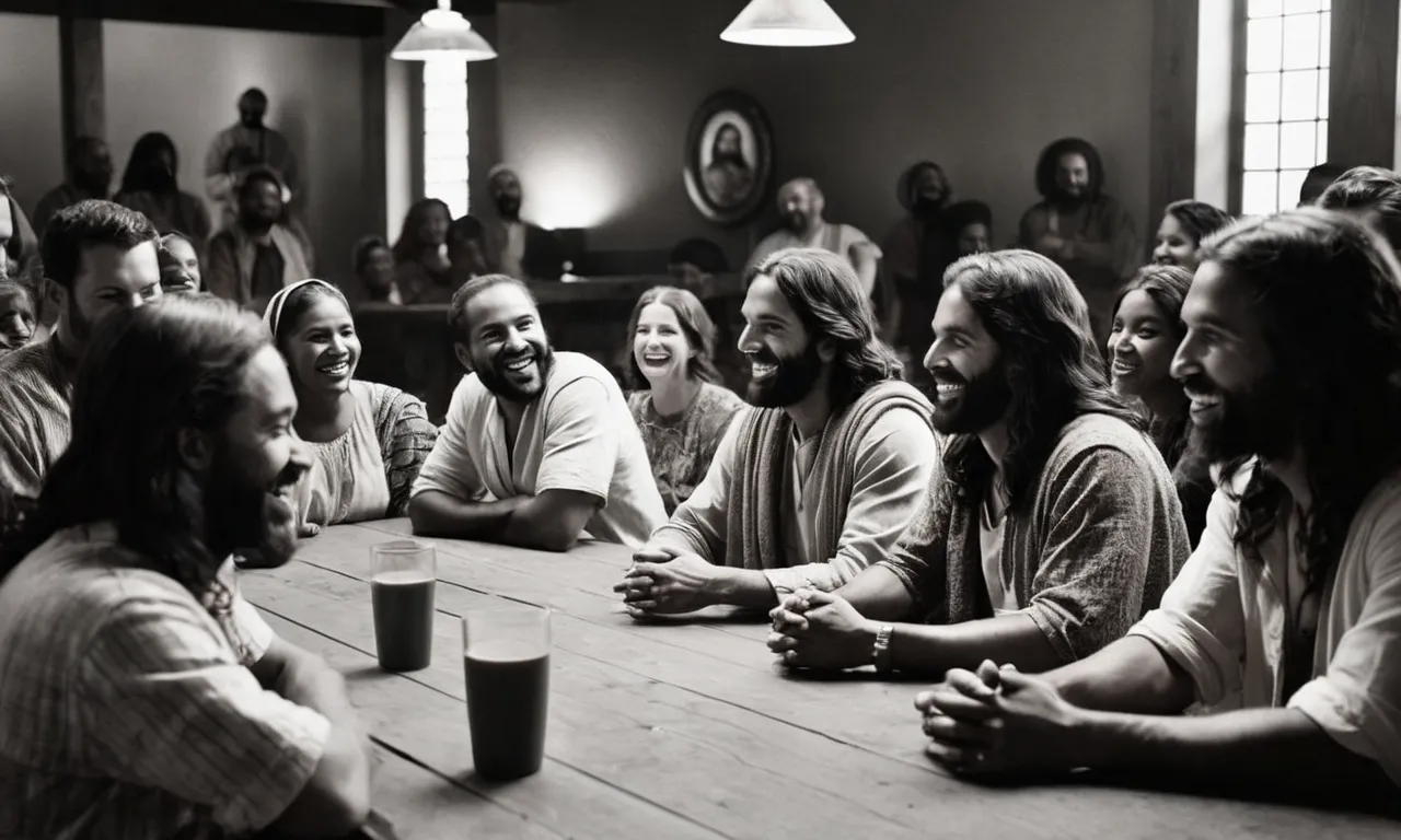 A captivating black and white image showcasing Jesus seated at a communal table, surrounded by a diverse group of people from all walks of life, sharing laughter, stories, and love.