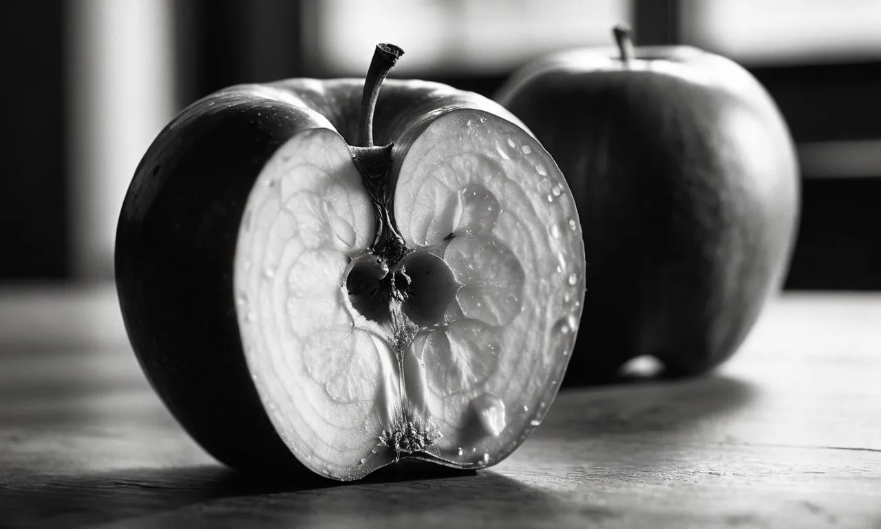 A black and white close-up of an apple core left on a table, symbolizing Adam and Eve's disobedience in the Garden of Eden.
