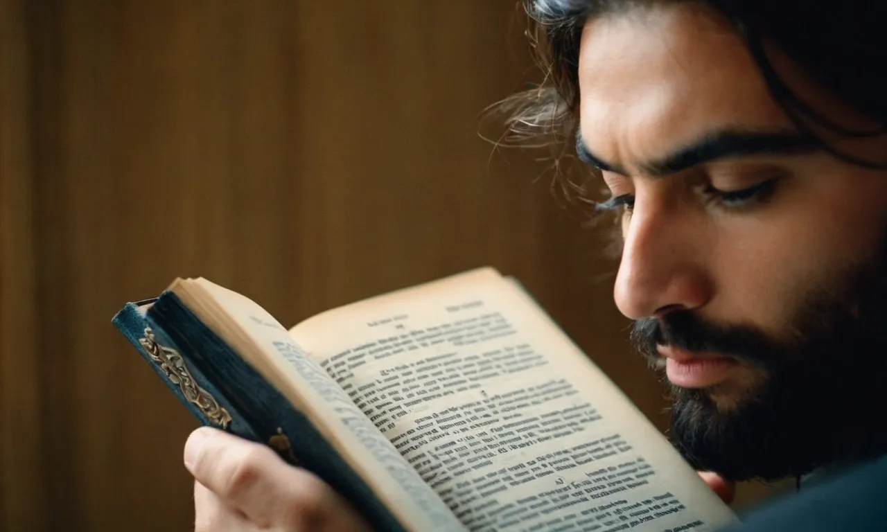 A close-up photograph capturing the contemplative expression of a person holding a Bible, their eyes fixated on the pages, as if seeking answers to the question "Who do you say Jesus is?"