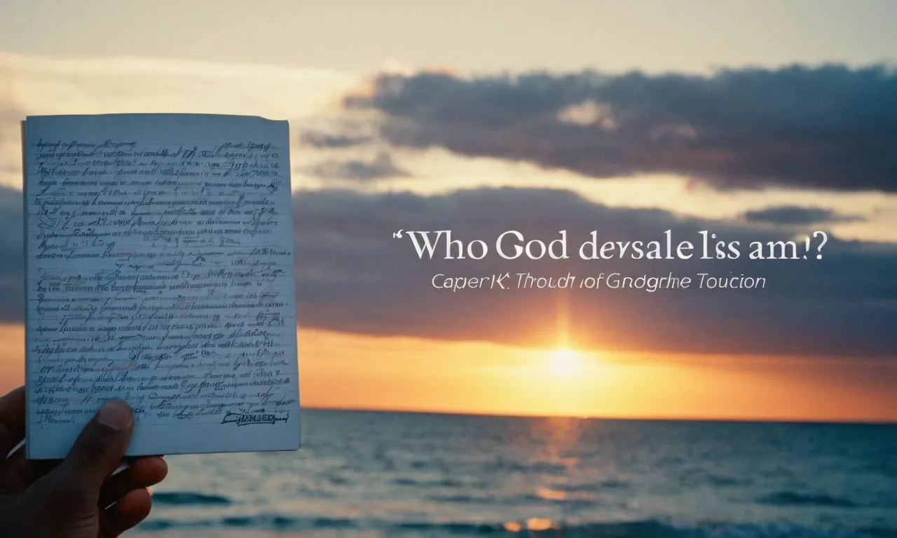 A divine sunset illuminates a handwritten list titled "Who does God say I am?" in the foreground, symbolizing introspection and seeking guidance, captured in a powerful photograph.