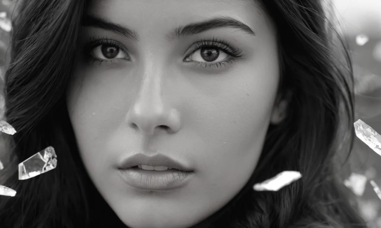 A black and white portrait of a young woman standing confidently, her eyes filled with determination, surrounded by shattered glass, symbolizing the challenges she has overcome through God's calling.