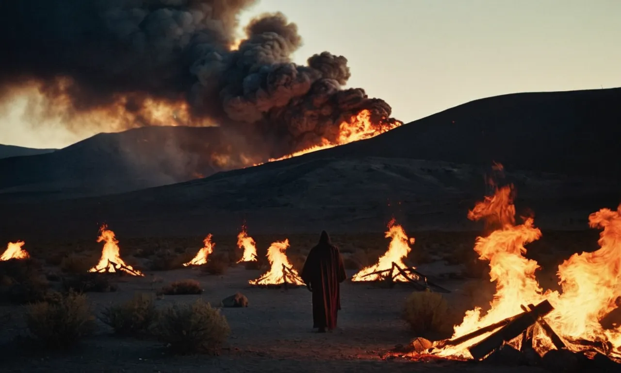 A dark, eerie image of a desolate landscape, with towering flames engulfing sinners, as a figure emerges from the shadows, symbolizing the eternal punishment described in the Bible.
