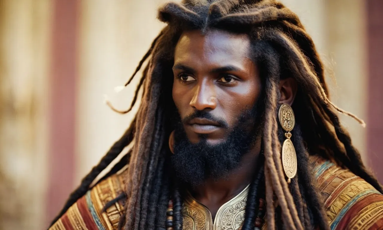 A close-up photo of a worn, ancient manuscript displaying a vivid illustration of a biblical figure with long, intricate dreadlocks, capturing the cultural significance and artistic expression of hair in biblical times.