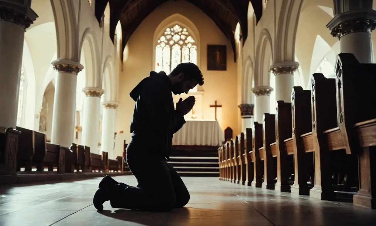 A mystical shot capturing a solitary figure kneeling in a dimly lit church, their silhouette bathed in a celestial glow, evoking the profound moment when one hears the voice of God.