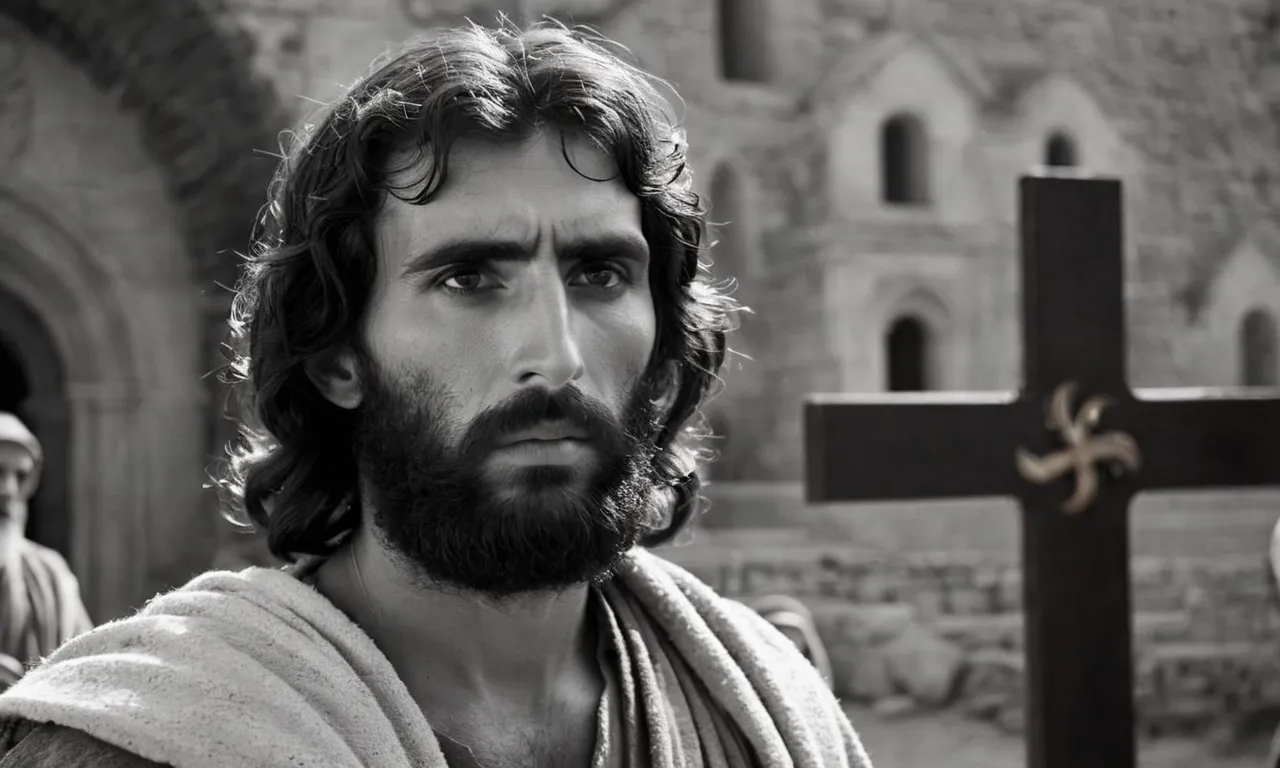 A black and white photo captures the compassionate eyes of Simon of Cyrene, as he stoically supports Jesus' burdened cross, embodying the selfless act of aiding in the final journey.