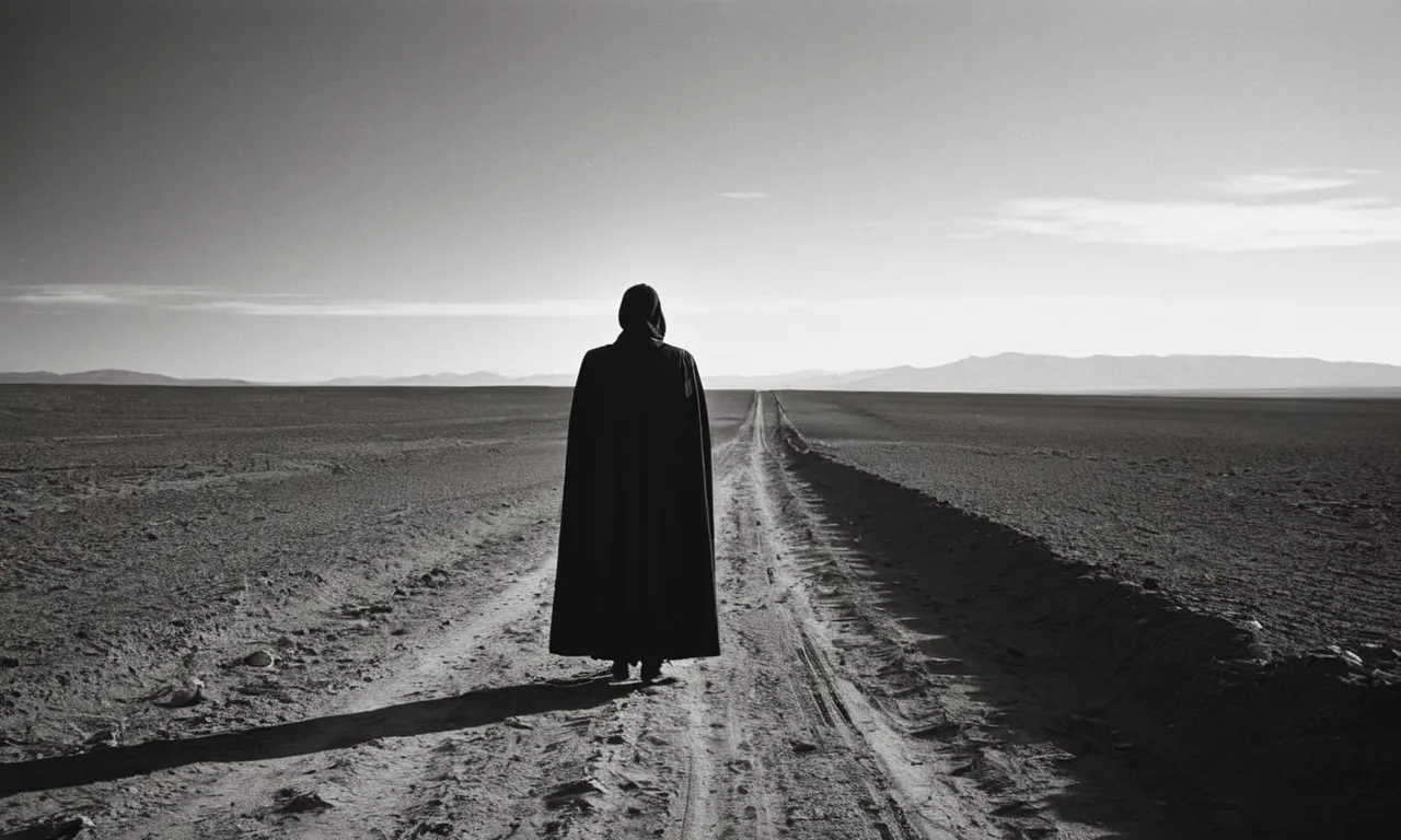A solemn black-and-white portrait of a lone figure, standing in a desolate landscape, their face obscured by shadows, representing the tragic loss of salvation.