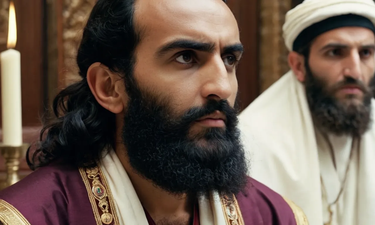 A close-up shot of a skeptical Pharisee, with furrowed brows and crossed arms, interrupting Jesus' sermon in a Galilean synagogue, portraying the clash between tradition and radical teachings.