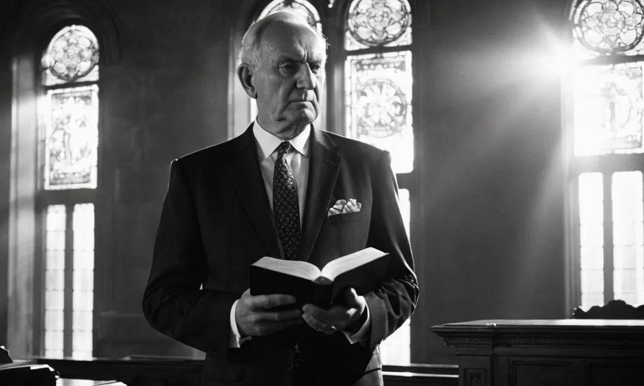 A black and white photo captures a man in a suit, standing in a beam of light, holding a Bible with a stoic expression, suggesting he may be God's right-hand man.