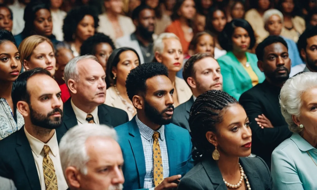 A photograph capturing a diverse crowd intently listening to a charismatic preacher delivering a sermon on "Who is God," their faces reflecting curiosity, awe, and contemplation.