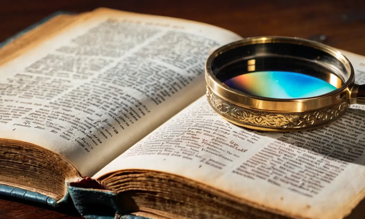 A photo of a worn-out Bible open to the book of Genesis, highlighting the story of Jacob, with a magnifying glass placed on the page.