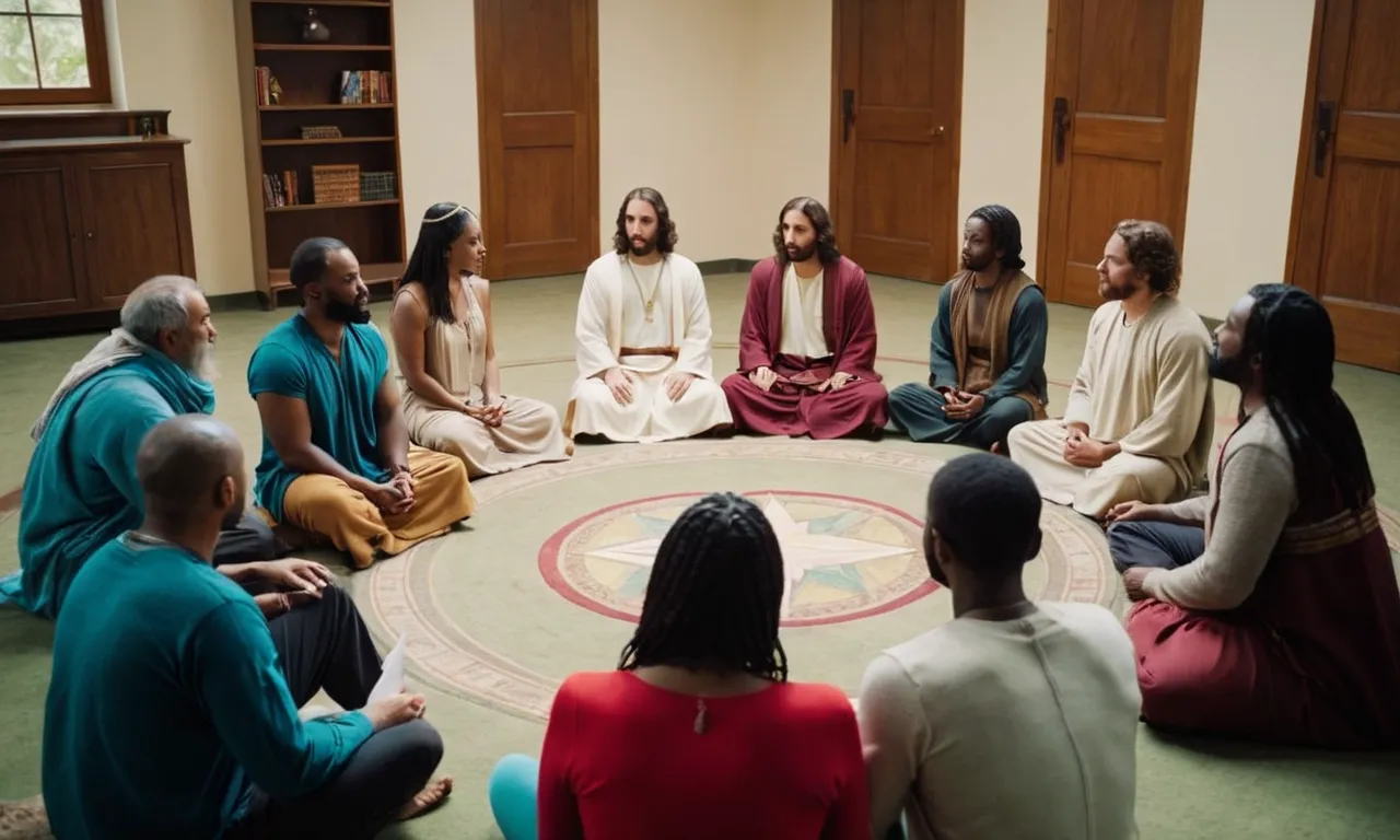 A photo capturing a diverse group of individuals sitting in a circle, engrossed in a Bible study session, with a prominent image of Jesus at its center, symbolizing their quest to understand his teachings.