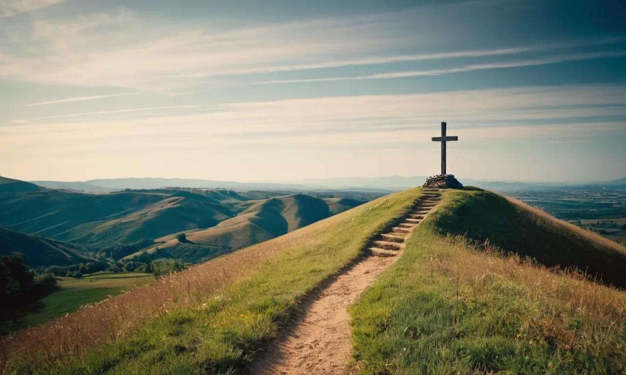 A photo of a serene landscape with a cross on a hill, capturing the beauty of creation and symbolizing Jesus Christ's mission of redemption and salvation for the world.