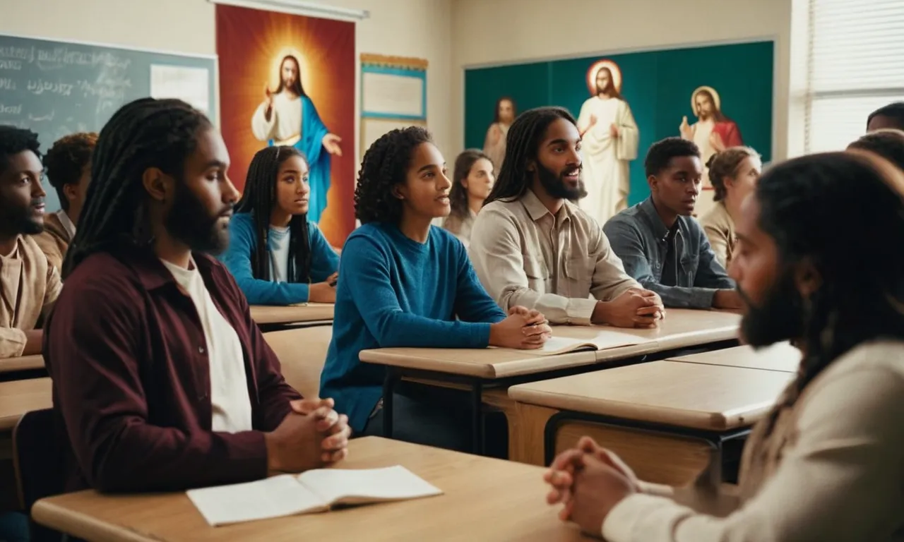 A photo capturing a diverse group of students engaged in a classroom discussion, surrounded by images of Jesus from different cultures and eras, symbolizing the exploration of Jesus' identity in various religious traditions.