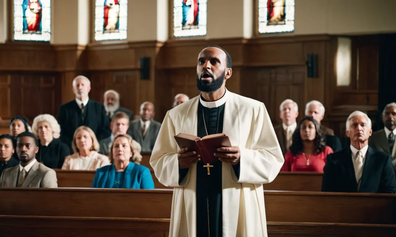 The photo captures a preacher passionately delivering a sermon about the identity of Jesus, with a mesmerized congregation hanging onto his every word, their faces reflecting deep contemplation and faith.