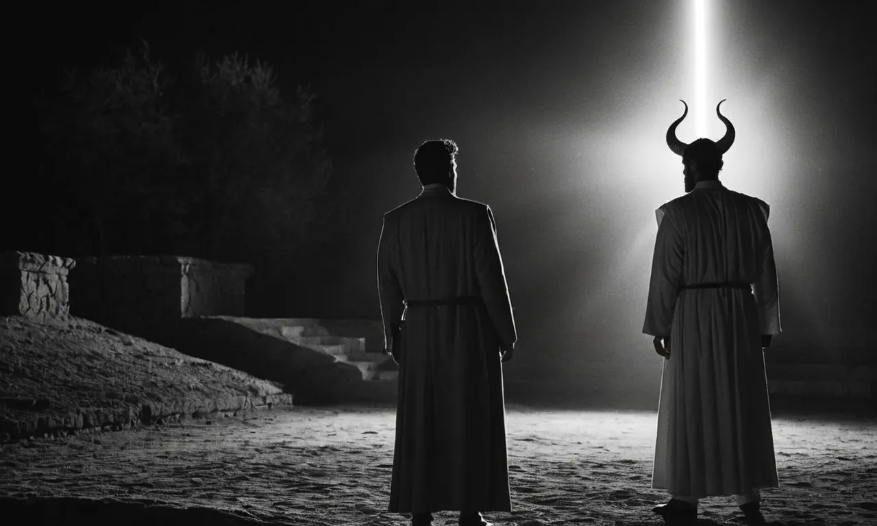 A black and white photo capturing the contrasting essence of light and darkness, symbolizing the enigmatic bond between Lucifer and his brother in the Bible.